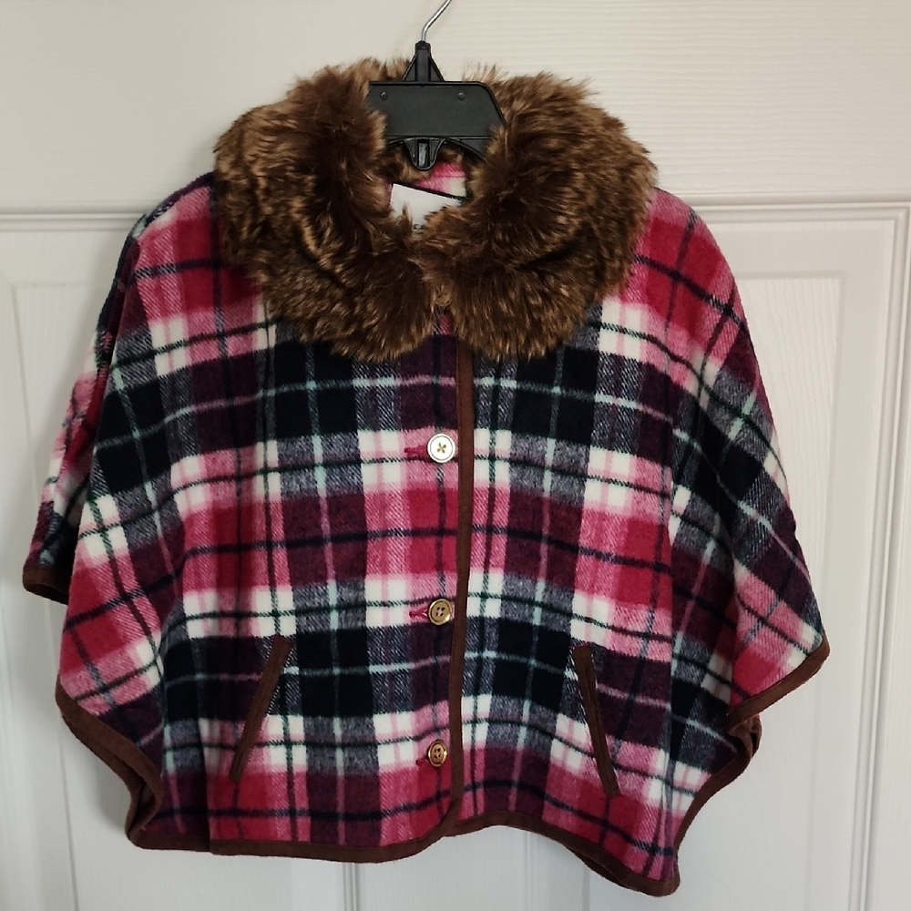 Janie And Jack Plaid Cape with Faux Fur Collar